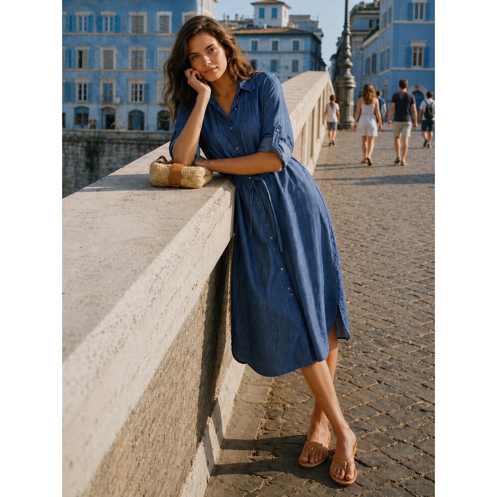 Love by Chesley Women Midi Shirt Dress SzM  Blue Denim Drawstring Waist Cotton